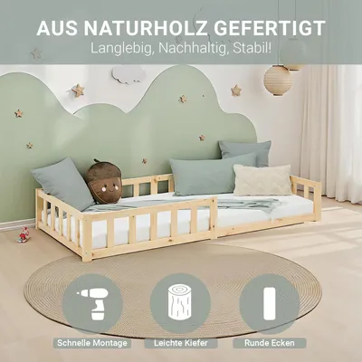 Produktbild von Homestyle4u Kinderbett 90x200 mit Rausfallschutz Natur Bodenbett Montessori Bett Lattenrost Matratze mit ® Standard 100