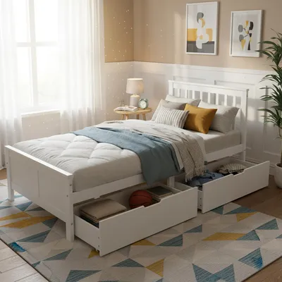 Produktbild von MODFU Jugendbett 90x200cm Massivholzbett mit Lattenrost und 2 Schubladen, Klassisches Bett Einzelbett Gästebett, Weiß(Ohne Matratze)