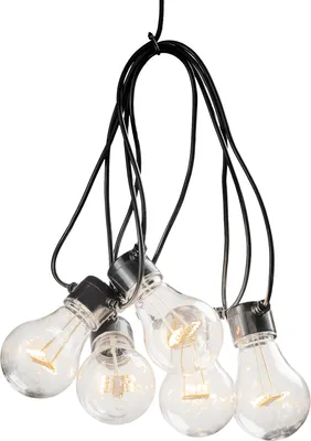 Produktbild von Konstsmide - LED Biergartenkette, klar, mit 6h Timer , 5 klare Birnen / 40 warm weiße Dioden, batteriebetrieben, Außen (IP44) , schwarzes Kabel, 4 x AA 1.5V (exkl.)