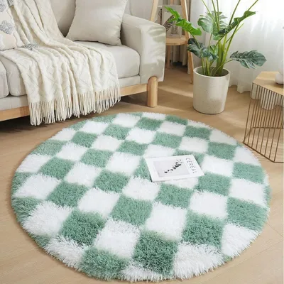 Image de Tapis rond à poils longs, à motifs carreaux, extra doux, moelleux, lavable, antidérapant, vert et blanc, 120 x 120 cm
