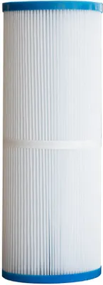 A white pleated pool filter cartridge with blue caps on the top and bottom.