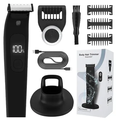 Produktbild von Body Hair Trimmer Männer IPX7 wasserdicht, Intimrasierer elektrisch mit LED Licht, USB-C wiederaufladbar, 4 Aufsätze, nass & trocken, für Körper & Gesicht