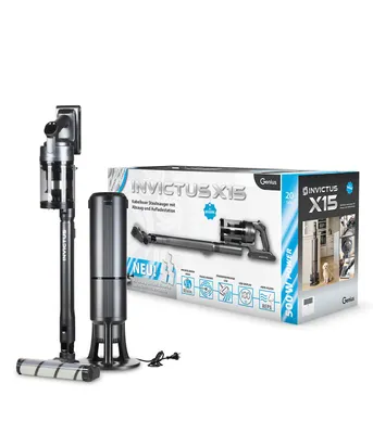 Produktbild von Genius INVICTUS X15 Set 20-tlg., Akku-Staubsauger kabellos mit Absaugstation, 500 W BLDC-Motor, bis zu 60 min. Laufzeit, HEPA H13 Filtersystem