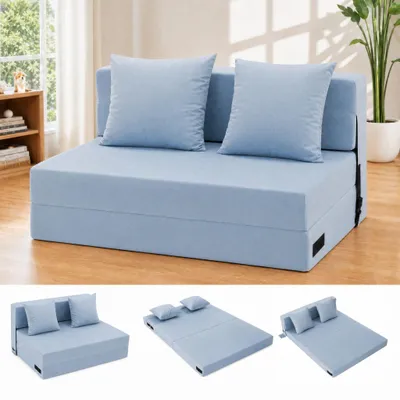 Produktbild von Bodensofa mit schlaffunktion, Klappbar Schlafsofas, 3-in-1, mit 2 Kissen, Seitentaschen, ohne Montage, 140x200 cm, für zwei, waschbarer Bezug, Blau