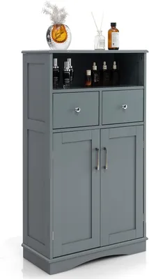 A gray bathroom cabinet with two doors and two drawers, displayed against a white background.