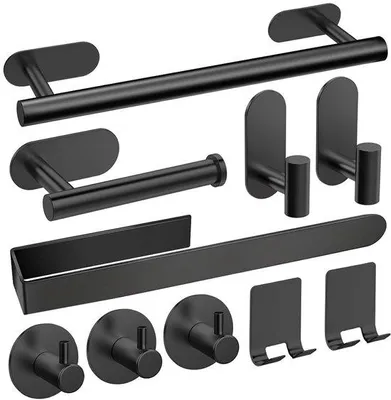 Immagine prodotto di Set da bagno in acciaio inossidabile Ibenzoa® composto da 10 pezzi (acciaio 304): portasciugamani da 37 cm, barra portasciugamani da 40 cm, porta carta igienica, ganci, adesivi