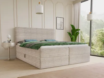 A bedroom scene with a bed, nightstand, and a large window overlooking a forest.