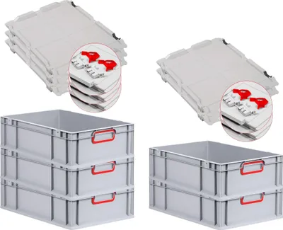 Produktbild von SuperSparSet 5x Eurobox NextGen Color mit Scharnierdeckel und Schiebeschnappverschlüssen | HxBxT 17x40x60cm | 34 Liter | Grau | Griffe rot geschlossen | Glatter Boden | Eurobehälter, Transportbox, Transportbehälter, Stapelbehälter
