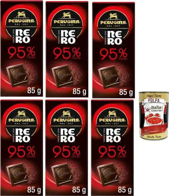 Produktbild von Perugina NERO Fondente Extra 95% Tavoletta di Cioccolato Fondente, 95% Dunkle Schokoladen -Riegel, 6x 85g + Italian Gourmet polpa 400g