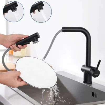 Obrázek produktu pro Černá kuchyňská baterie s výsuvnou sprchou, otočná o 360°, baterie pro dřez, tvar L, nerezová ocel 304, jednopáková