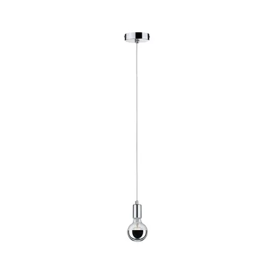 A single pendant light fixture with a chrome finish and a clear bulb is shown against a white background.