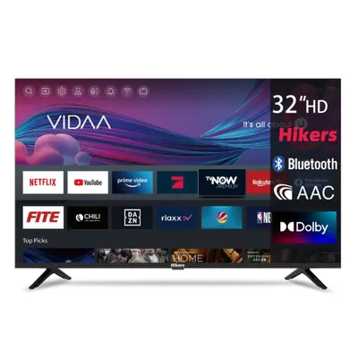 A smart TV displaying its home screen with various app icons and feature callouts.