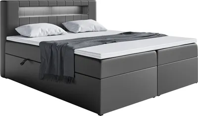 Produktbild von MEBLINI Boxspringbett mit Bettkasten - Bett mit LED Kopfteil - Gepolstert Doppelbett mit Matratze und Topper - Polsterbett mit Stauraum - Stauraumbett - ASPIN - 180x200 - H3/Schwarz Kunstleder