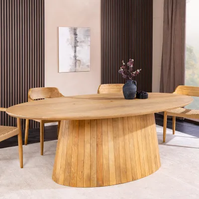 Produktbild von riess-ambiente Ovaler Esstisch ART DECO 220cm beige cream finish massives Mangoholz mit Säulenfuß 10 Personen