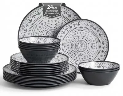 Melamine Geschirrset 24-tlg. für 8 Personen, grau, spülmaschinengeeignet