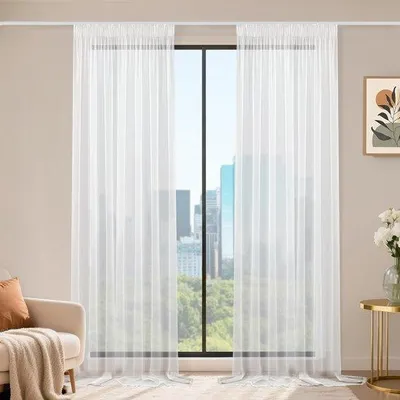 Productafbeelding van Set van 2 Voile Schuifgordijnen met Plooiband 245 x 140 cm - Transparante Witte Gordijnen voor Woonkamer en Slaapkamer