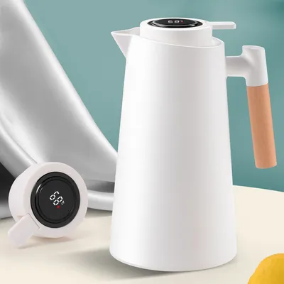 Produktbild von Thermoskanne 1L Isolierkanne mit Temperaturanzeige und Edlem Holzgriff Thermo Kaffeekanne langer Thermoeeffekt Weiß