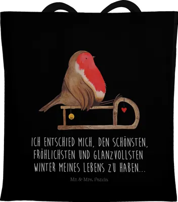 Produktbild von Mr. & Mrs. Panda dokumententasche Rotkehlchen Schlitten - Schwarz - Geschenk, Vogel, Weihnachten, Stoffbeutel, Tragetasche, Schultasche, Tasche, studententasche, Shopping