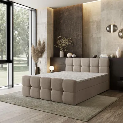 Produktbild von Masseno Boxspringbett BRUME 160x200 cm Komplett-Set mit Bonell Matratze und Topper, Polsterbett mit Bettkästen -Beige, SORO 21