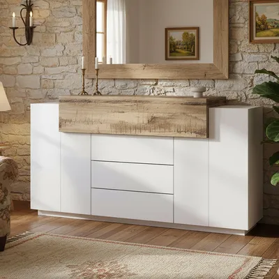 Immagine prodotto di Dmora Credenza Arbon 45x160x86h cm Bianco, 3 Cassetti 4 Vani Italy