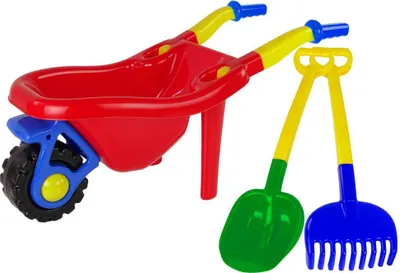 Produktbild von Kinder Garten Schubkarre Schaufel Rechen bunt 3er Set.