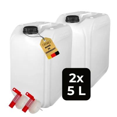 Produktbild von ABACUS® 2x5 Liter Wasserkanister Natur Chemiekanister Auslaufhahn und Deckel (DIN 51) Lebensmittelecht Indoor und Outdoor BPA Frei Säurefest mit Skala