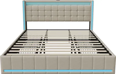 Produktbild von UnboxG Polsterbett 180x200 cm mit 4 Schubladen, LED-Beleuchtung vorne & hinten, USB-Ladefunktion, Doppelbett mit Stauraum, Stoffbett Leinenoptik Beige, Ehebett Stauraumbett