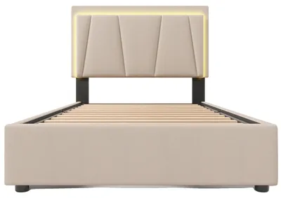 Obrázok produktu pre Čalúnená posteľ, čelo s nastaviteľnou výškou, LED osvetlenie, béžová, 90 × 200 cm