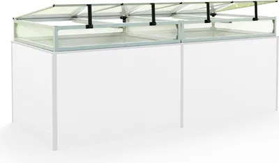 A white, rectangular cold frame with a clear, multi-paneled lid.