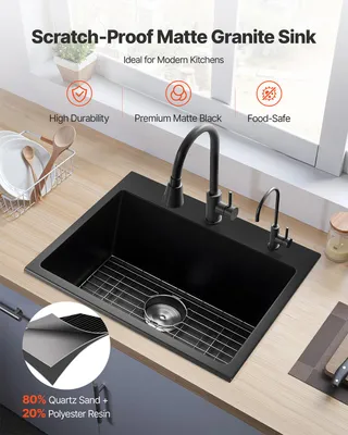 Produktbild von Granit-Küchenspüle Einzel-Becken Aufsatzmontage, Granitspüle Landhausstil, Quarz-Harz, Schwarz | 635 x 559 x 254 mm | 10 mm Beckenwand | kratzfest