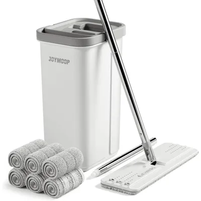 Productafbeelding van Set met dweil en emmer, inclusief wringer, plat schoonmaakmiddel met lange steel, 6 microvezel pads, wit