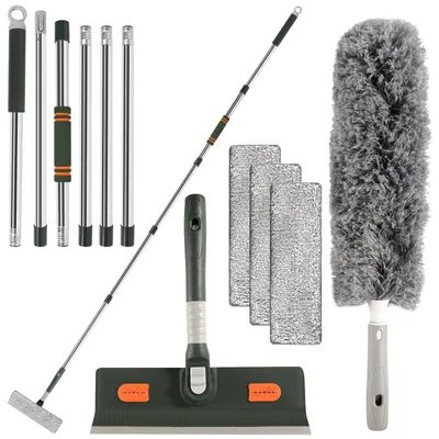 Imagen del producto de Limpiacristales con mango telescópico de 250 cm, con goma de silicona y paño de microfibra, para la limpieza de ventanas