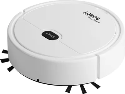 A white robot vacuum cleaner is shown from a slightly elevated angle on a white background.