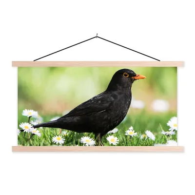 Produktbild von MuchoWow® Textilposter Vogel - Amsel - Blumen 60x30 cm mit holzfarbenen Rahmen - Dekoration