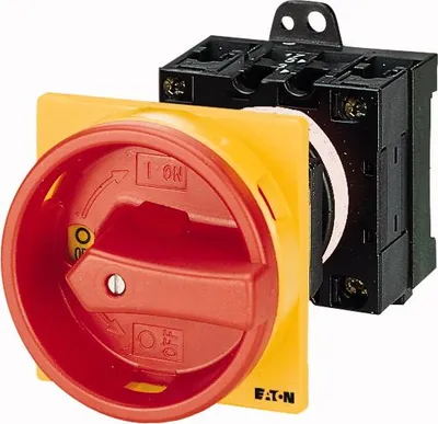 Produktbild von Hauptschalter, T0, 20 A, Zwischenbau, 1 Baueinheit, 2-polig, NOT-AUS-Funktion, mit rotem Drehgriff und gelbem Sperrkranz 095824 EATON