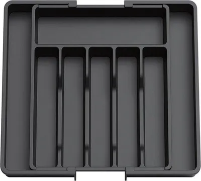 Produktbild von Ausziehbarer Besteckkasten mit 8 Fächern – Verstellbarer Besteckeinsatz für Löffel, Gabeln und Messer – Küchenschubladen-Organizer – 33,5 / 57 x 38 x 5 cm – Küchenbesteckhalter – Kunststoff – Schwarz