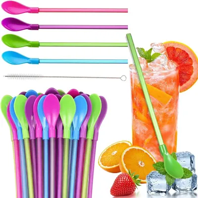 Productafbeelding van Rietjes met lepel - Set van 25 - Herbruikbare rietjeslepel - Kunststof rietjes - Herbruikbare rietjes met lepel - Ijsbekers - Smoothies