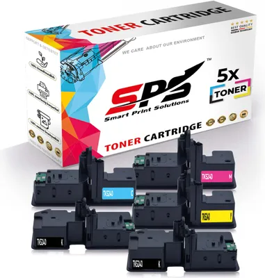 A product box for toner cartridges with several toner cartridges arranged in front of it.