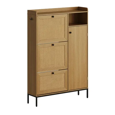 Image de Armoire à chaussures en rotin avec 3 abattants organisateur indépendant avec étagères réglables armoire à chaussures étroite pour l'entrée Naturel