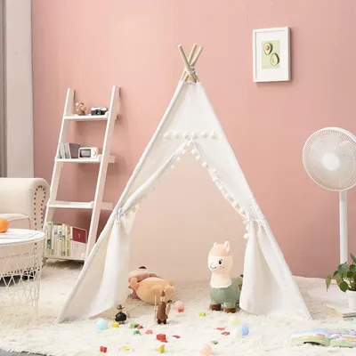 Obrázek produktu pro Dětský stan teepee, dětský stan, dětský stan teepee, stan na hraní, s klubíčkem vlny a okénkem ve dveřích, domeček na hraní pro dekoraci dětského pokoje, 140x120x120 cm, béžový