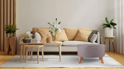 Produktbild von MG Design Ovaler Samt-Hocker 62 x 72 cm in Lila mit Holzbeinen - Gepolsterter Fußhocker für Wohnzimmer oder Schlafzimmer