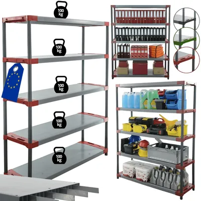 Produktbild von MODO24 Kunststoffregal, 5 Ablagen, 100kg/Boden, Schwerlast, Steckregal, Lagerregal, Plastikregal, Werkstatt, 180x140x46?cm, Rot, TYTAN