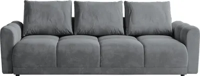 A studio shot of a gray sofa against a white background.