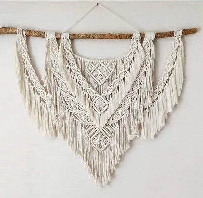 Image de Grand tapis mural en macramé 90 x 85 cm - Bois flotté naturel - Décoration Boho