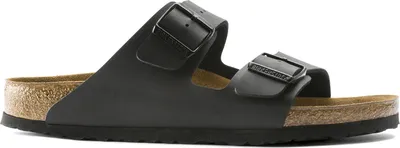 A black Birkenstock Arizona sandal is shown against a white background.