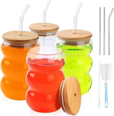 Produktbild von Shendong Set von 4 Küstengläsern mit Bambusdeckel und Strohhalmen, elegant und praktisch.