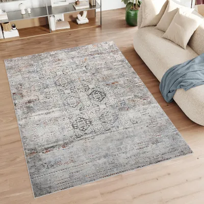Produktbild von Teppich Wohnzimmer Schlafzimmer Kurzflor Modern Meliert Vintage Design Grau Creme 80 x 150 cm