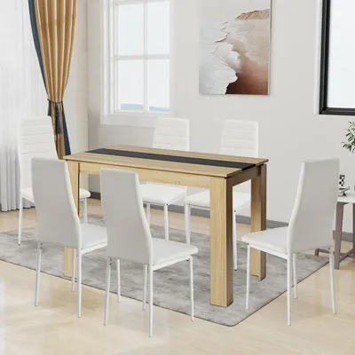 Productafbeelding van Eetset bestaande uit een tafel met 6 stoelen, een rechthoekige houten tafel van 110x70 cm, en 6 witte stoelen