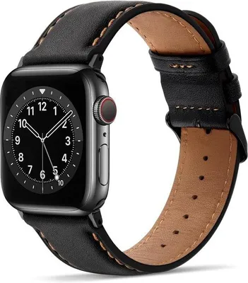 Productafbeelding van Premium Lederen Reservebandje voor Apple Watch 42 mm, 41 mm, 40 mm, 38 mm - Zwart Lederen Horlogeband voor Series 10, SE, 9, 8, 7, 6, 5