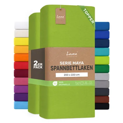 Produktbild von Lavea® 2er Pack Topper Spannbettlaken 200x220cm, Bettlaken aus 100% Baumwolle Jersey – Für Topper bis 10 cm Höhe – Weich, Apfelgrün